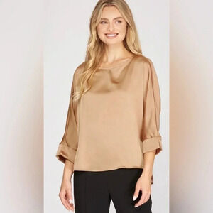 She + Sky 3/4 Sleeve Satin Blouse taupe size M